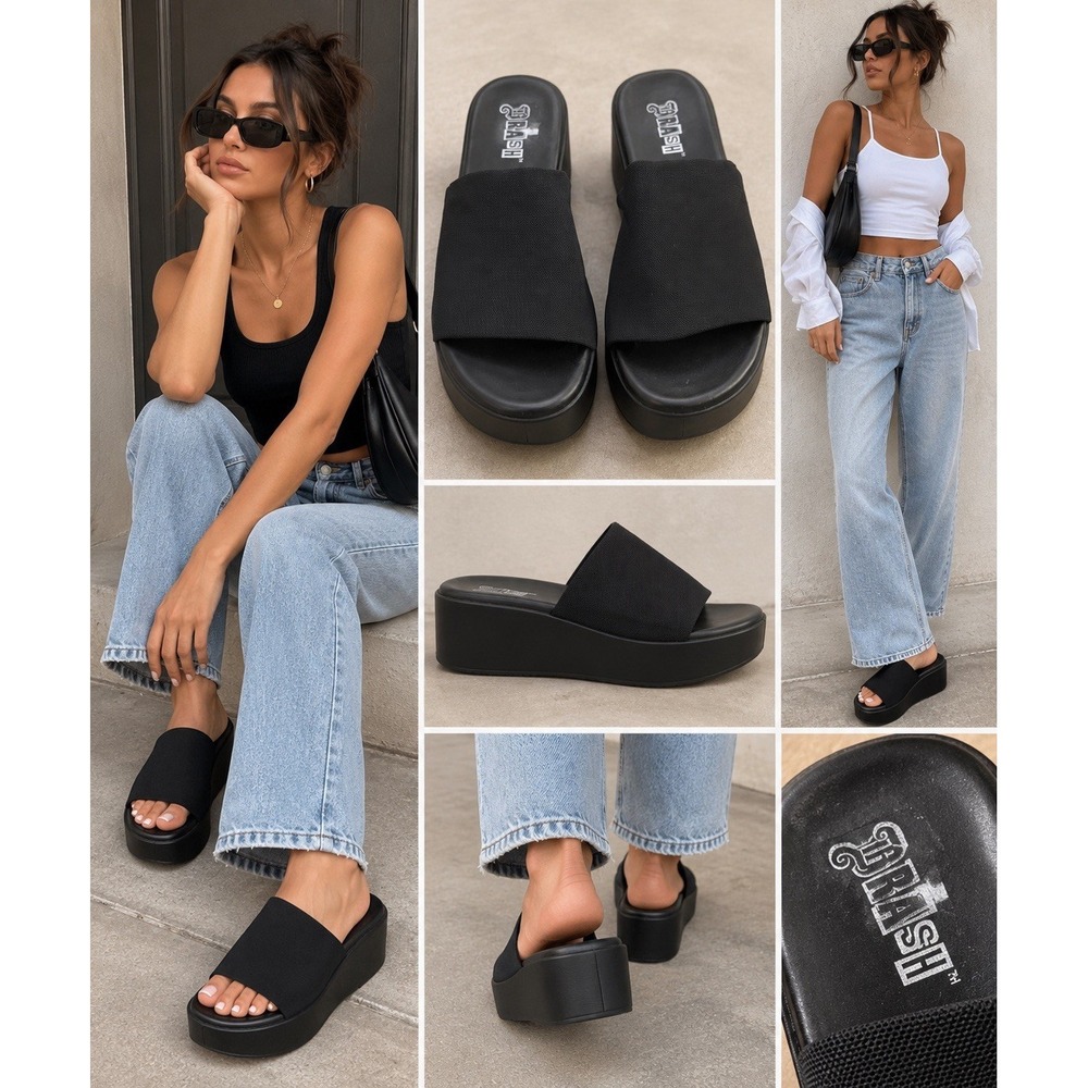 Brash Black Platform Slide Sandals Women's Size 9 Stretch Fabric Y2K Chunky